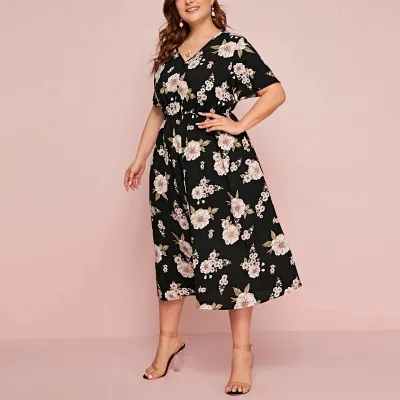 Women'S Fashion Casual Plus Size Chiffon Floral Printed V-Neck Short-Sleeve Tight Waist Loose Dress