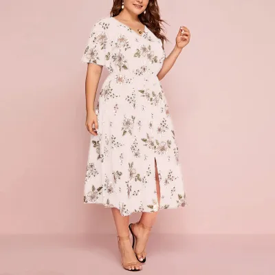 Women'S Fashion Casual Plus Size Chiffon Floral Printed V-Neck Short-Sleeve Tight Waist Loose Dress
