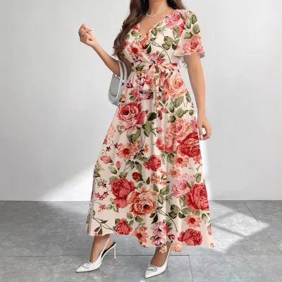 Women Fashion Casual Plus Size Printed V-Neck Short-Sleeve Loose Dress