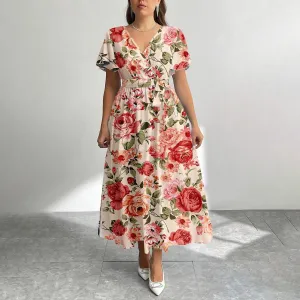 Women Fashion Casual Plus Size Printed V-Neck Short-Sleeve Loose Dress