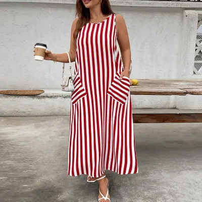 Women'S Fashion Casual Plus Size Stripe Round Neck Sleeveless Pocket Loose Dress