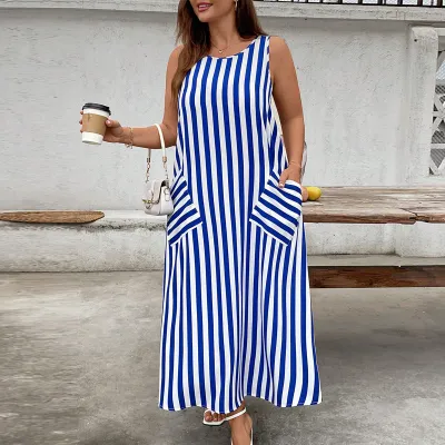 Women'S Fashion Casual Plus Size Stripe Round Neck Sleeveless Pocket Loose Dress