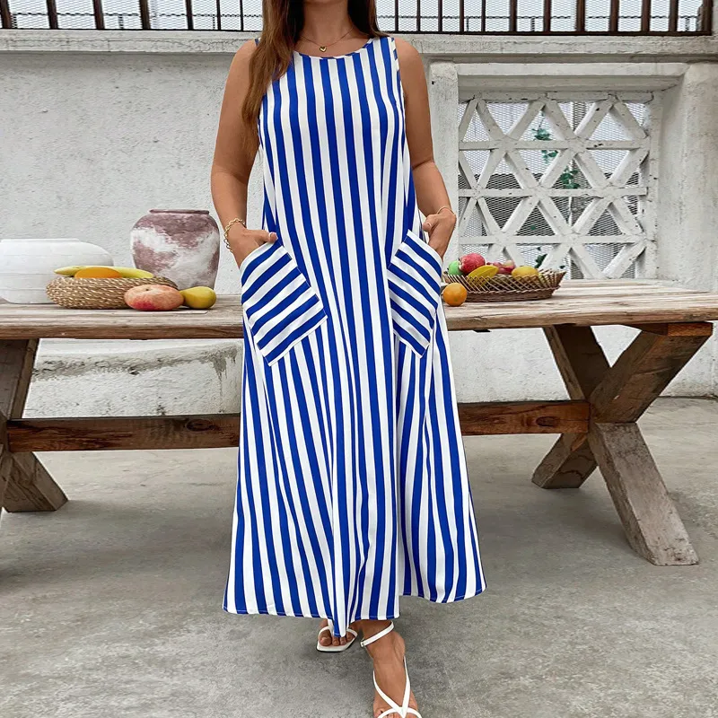 Women'S Fashion Casual Plus Size Stripe Round Neck Sleeveless Pocket Loose Dress