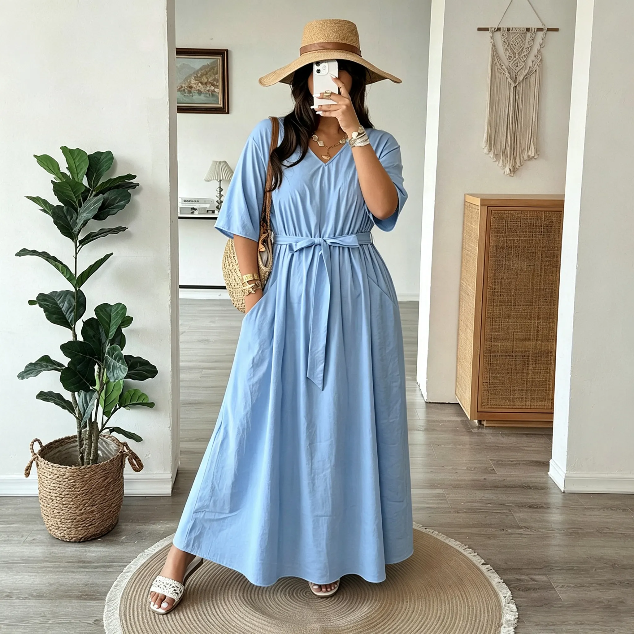 Women Fashion Casual Plus Size Solid Color V-Neck Shorts-Sleeve Lace-Up Pocket Loose Dress