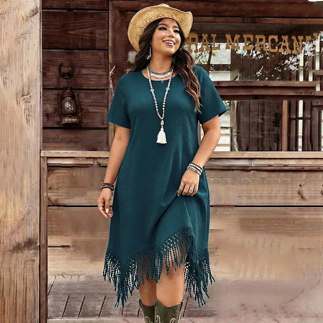 Women'S Fashion Casual Boho Plus Size Irregular Solid Color Short-Sleeve Tassel Dress