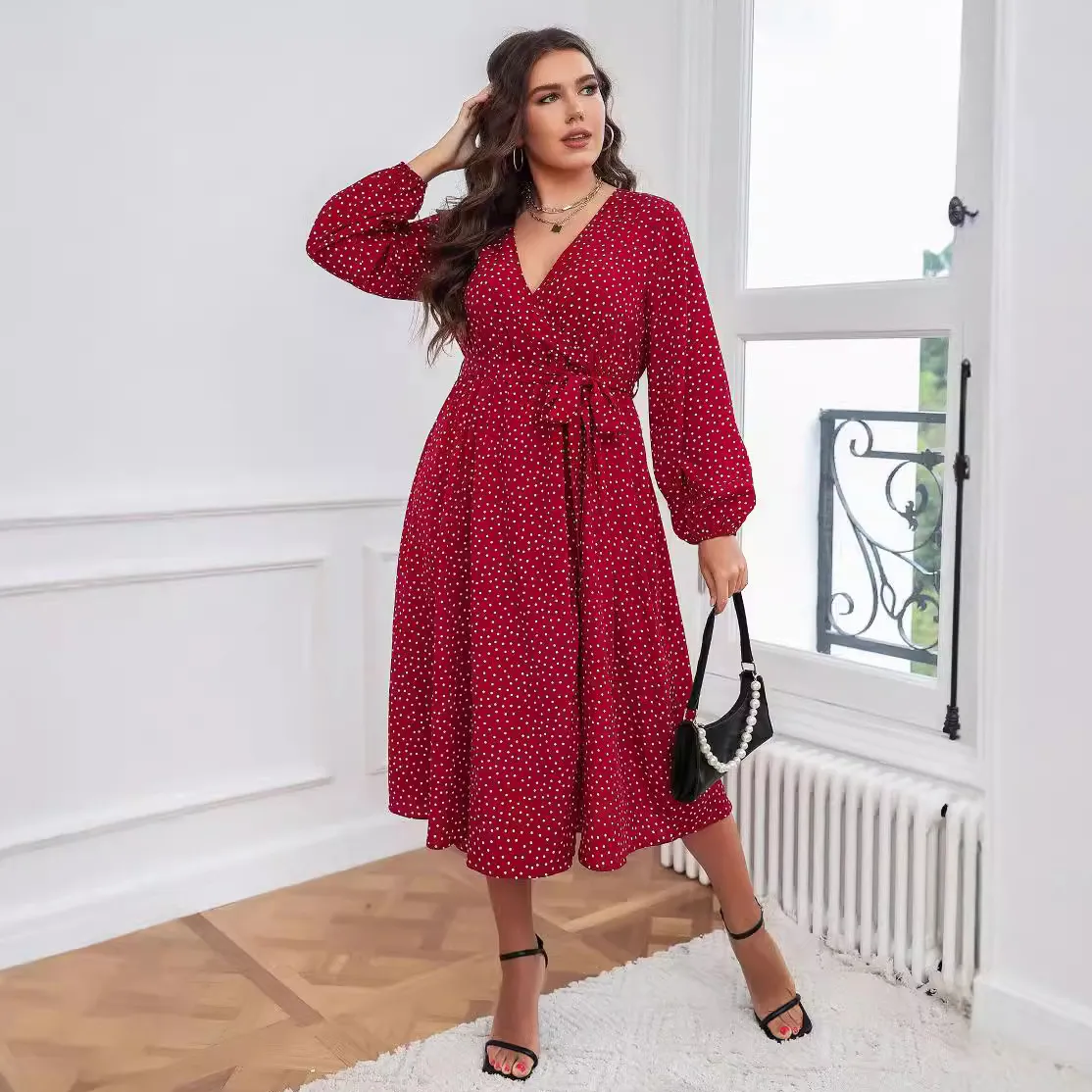 Women Fashion Casual Plus Size Printed V-Neck Long Sleeve Large Swing Dress