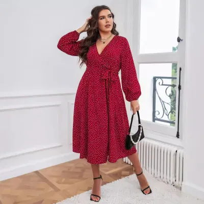Women Fashion Casual Plus Size Printed V-Neck Long Sleeve Large Swing Dress