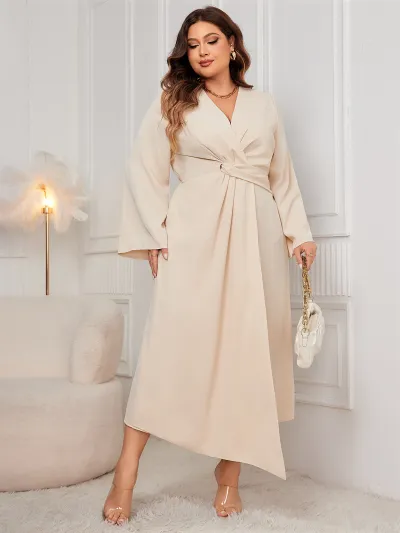 Women Fashion Casual Plus Size Solid Color Long Sleeve Tight Waist Irregular Dress