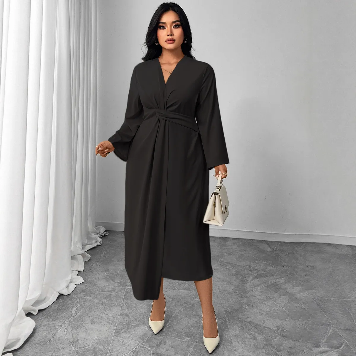 Women Fashion Casual Plus Size Solid Color Long Sleeve Tight Waist Irregular Dress