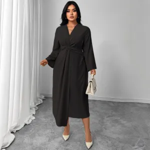 Women Fashion Casual Plus Size Solid Color Long Sleeve Tight Waist Irregular Dress