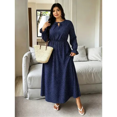 Women Fashion Casual Plus Size Printed V-Neck Lace-Up Waist Long Sleeve Dress