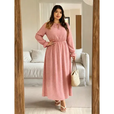 Women Fashion Casual Plus Size Printed V-Neck Lace-Up Waist Long Sleeve Dress