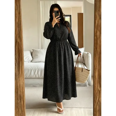 Women Fashion Casual Plus Size Printed V-Neck Lace-Up Waist Long Sleeve Dress