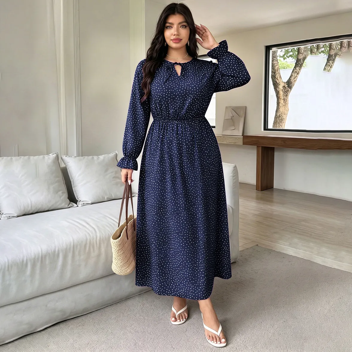 Women Fashion Casual Plus Size Printed V-Neck Lace-Up Waist Long Sleeve Dress