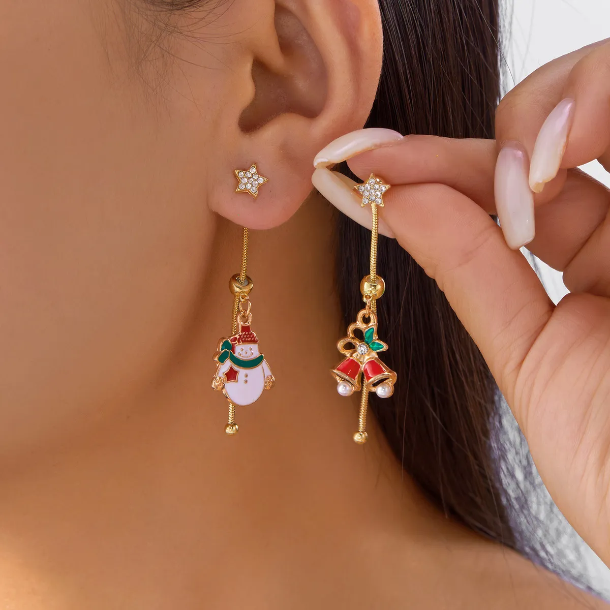 Christmas Women Fashion Cartoon Asymmetric Christmas Tree Snowman Pendant Tassel Earrings