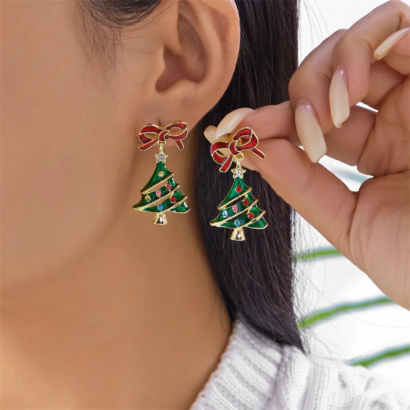 Christmas Women Fashion Alloy Rhinestone Tree Earrings