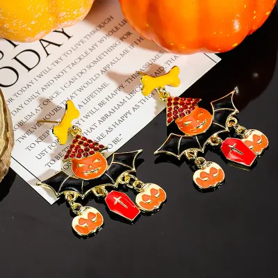 Halloween Women Fashion Funny Cartoon Oil Pumpkin Ghost Bat Earrings