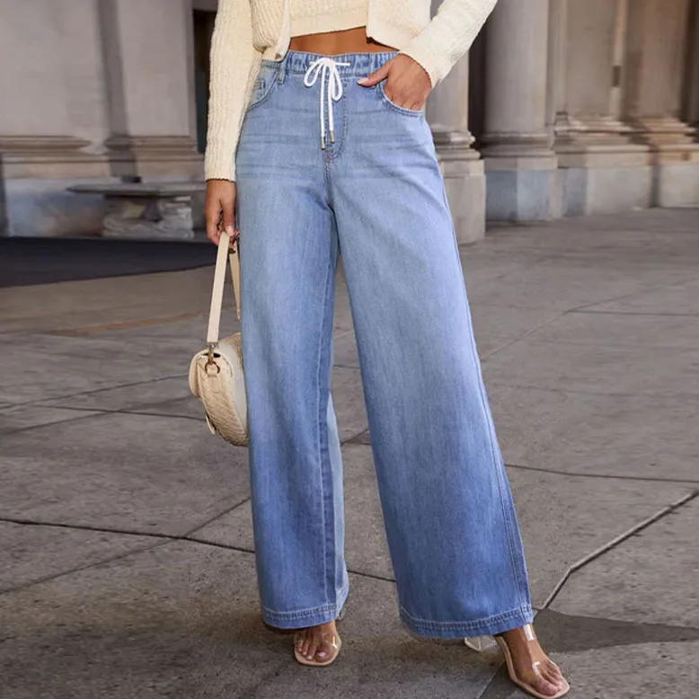 Street Women Fashion High Waist Drawstring Wide Leg Jeans