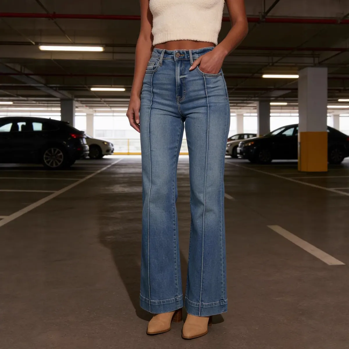 Women Retro High Waist Bootcut Jeans