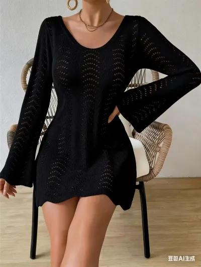 Women Fashion Solid Color V-Neck Beach Crochet Cover-Ups