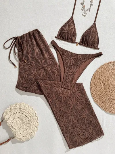 Vacation Women Fashion Bikini And Cover-Ups Pants Swimsuit Three-Piece Set