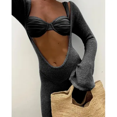Vacation Women Sexy Solid Color Bikini And Cover-Ups Dress Swimsuit Three-Piece Set