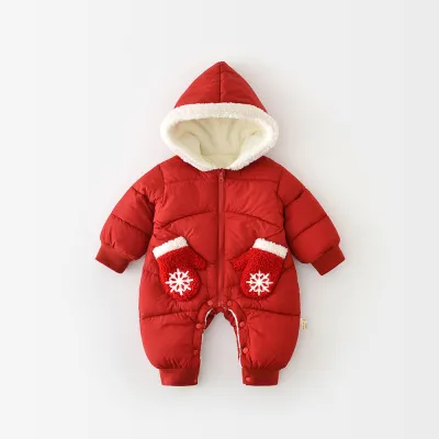 Kids Baby Boys And Girls Fashion Winter Fleece-Lined Thickened Warm Hooded Jumpsuits