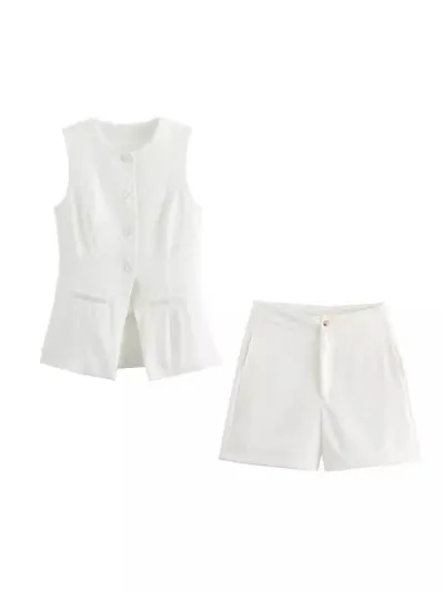 Women Fashion Casual Spring Solid Color Single-Breasted Vest Loose Shorts Two-Piece Set