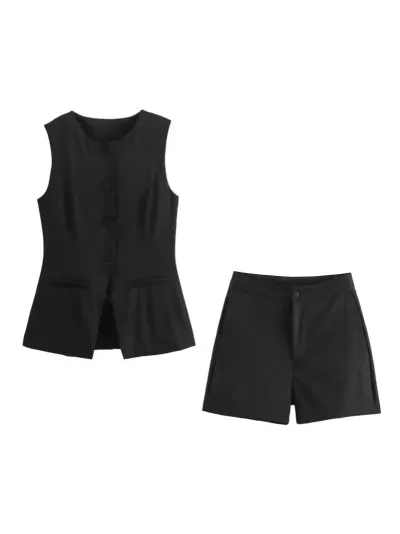 Women Fashion Casual Spring Solid Color Single-Breasted Vest Loose Shorts Two-Piece Set
