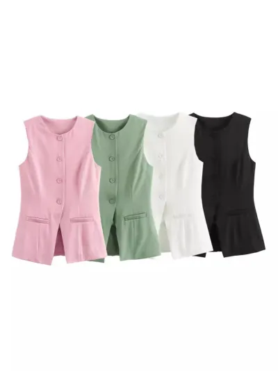 Women Fashion Casual Spring Solid Color Single-Breasted Vest Loose Shorts Two-Piece Set