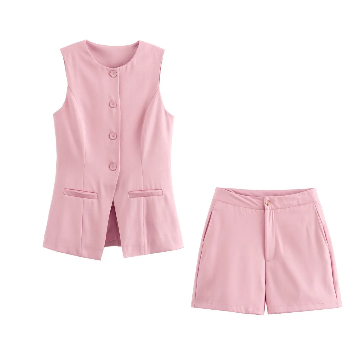 Women Fashion Casual Spring Solid Color Single-Breasted Vest Loose Shorts Two-Piece Set