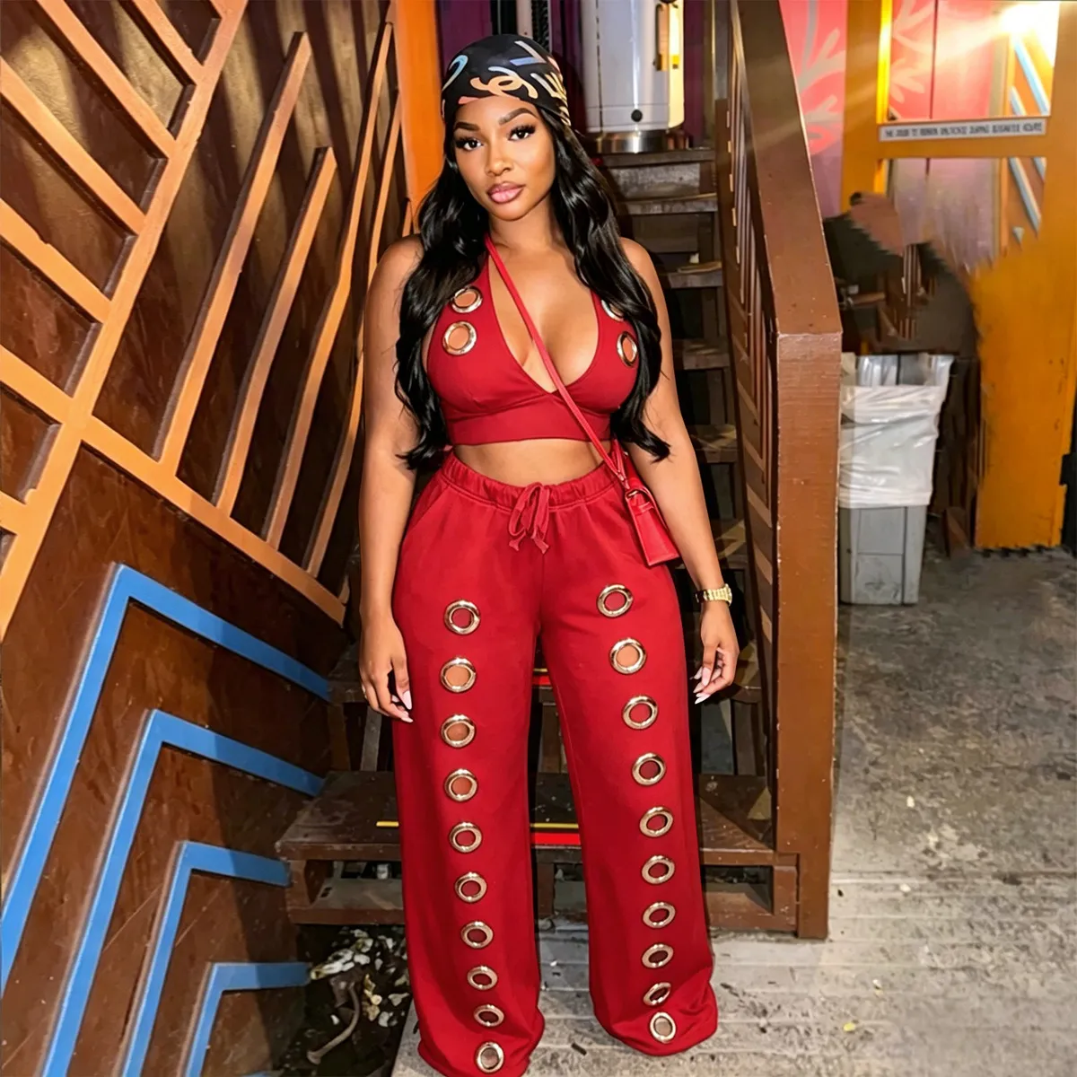 Women Fashion Sexy Solid Color Hollow-Out Halter-Neck Crop Top Loose Straight Wide Leg Pants Two-Piece Set