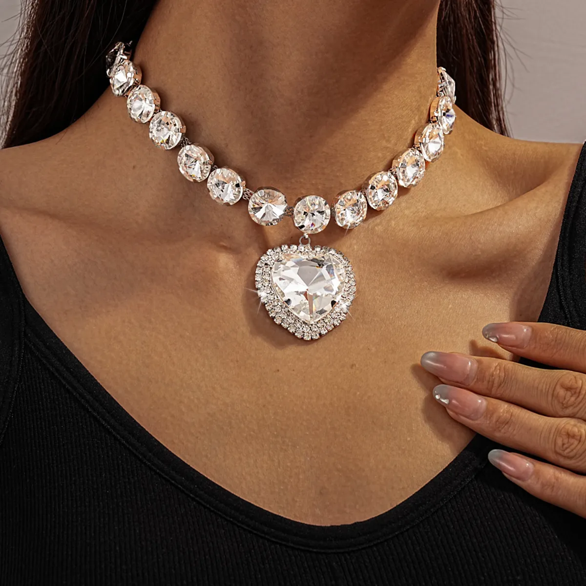 Women Fashion Exaggerated Love Diamond Earrings Necklace Jewelry Set