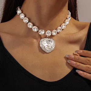 Women Fashion Exaggerated Love Diamond Earrings Necklace Jewelry Set