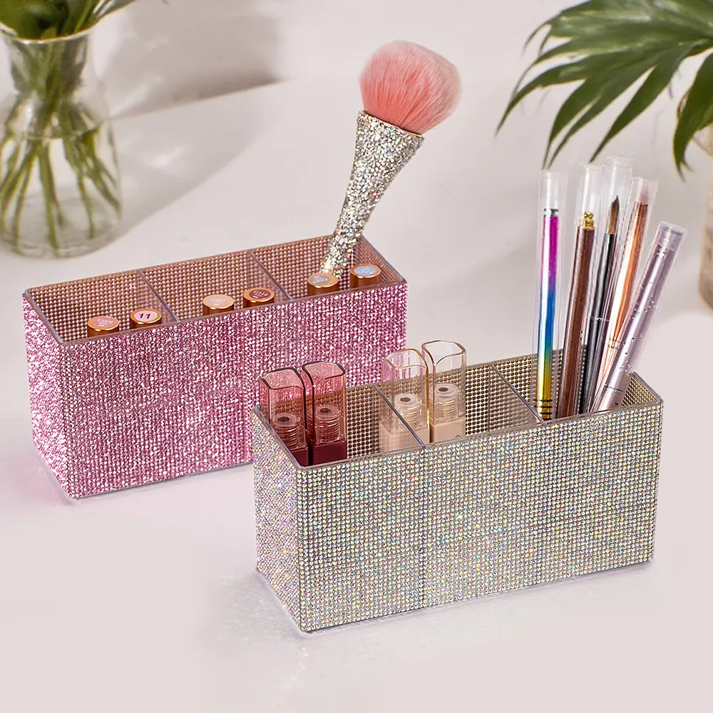 Women Fashion Nail‑Art Diamond‑Inlaid Three‑Compartment Cosmetic Nail‑Art Tools Storage Box