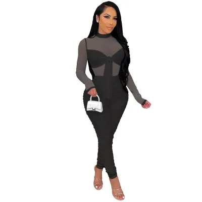 Women Fashion Sexy Solid Color Mesh Stitching Long-Sleeve Tight Jumpsuits