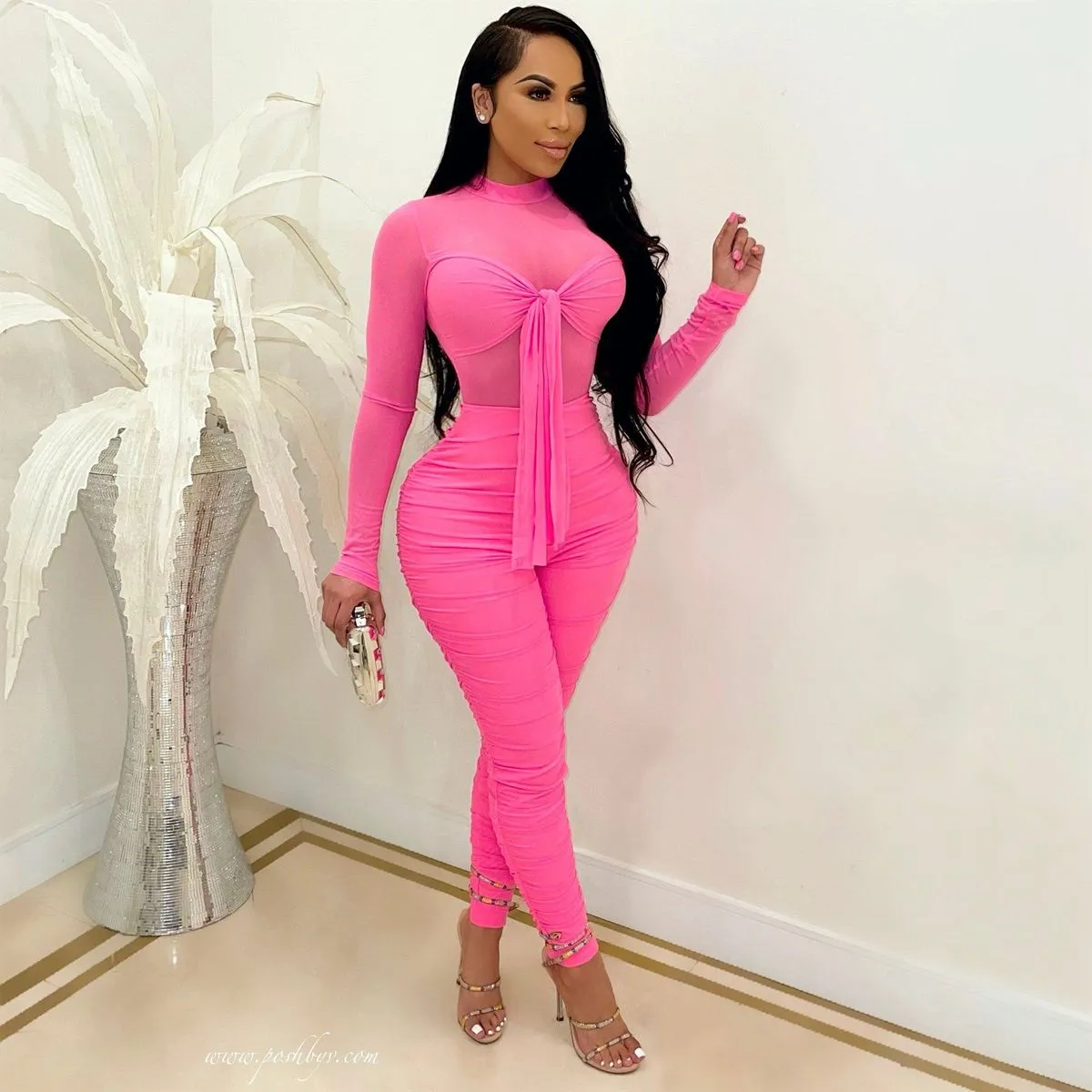 Women Fashion Sexy Solid Color Mesh Stitching Long-Sleeve Tight Jumpsuits