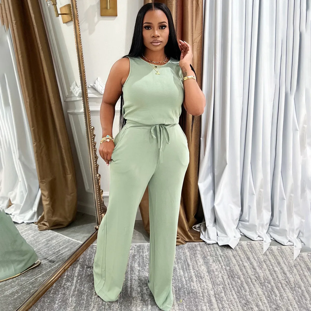 Women Fashion Casual Summer Solid Color Sleeveless Lace-Up Jumpsuit