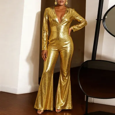Women Fashion Elegant Solid Color Deep V-Neck Long Sleeve Tight Waist Jumpsuits