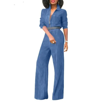 Women Fashion Casual Solid Color Lapel Long-Sleeve Zipper Straight Jumpsuits