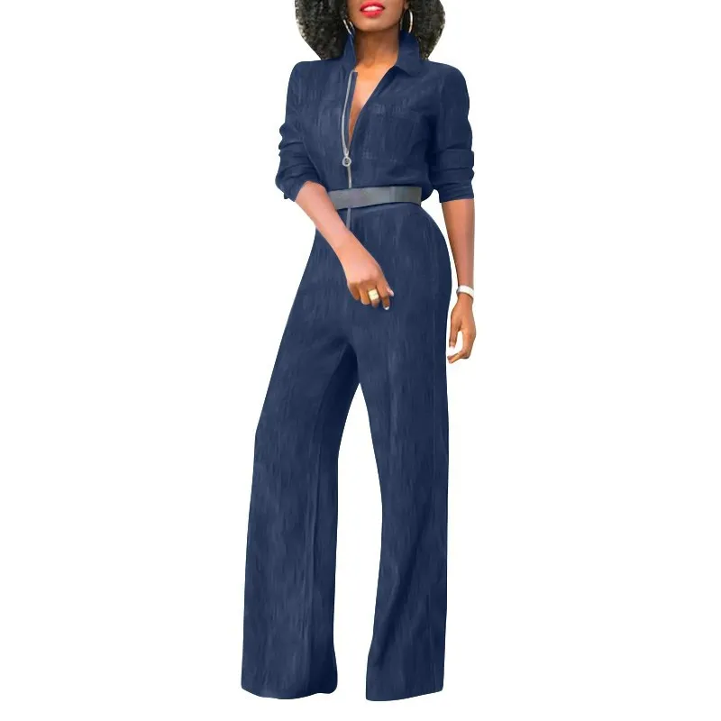 Women Fashion Casual Solid Color Lapel Long-Sleeve Zipper Straight Jumpsuits