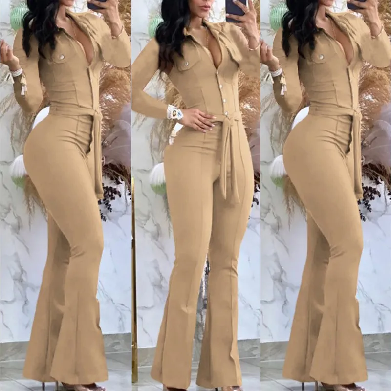 Women Fashion Casual Autumn Solid Color Lapel Long-Sleeve Mid-Waist Jumpsuit