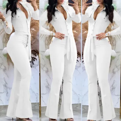 Women Fashion Casual Autumn Solid Color Lapel Long-Sleeve Mid-Waist Jumpsuit
