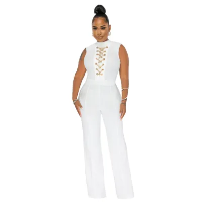 Women Fashion Solid Color Round-Neck Chain Sleeveless Wide Leg Jumpsuits