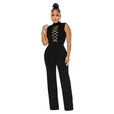 Women Fashion Solid Color Round-Neck Chain Sleeveless Wide Leg Jumpsuits