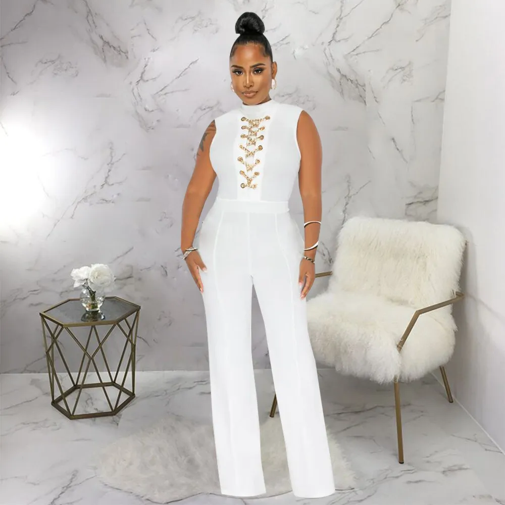 Women Fashion Solid Color Round-Neck Chain Sleeveless Wide Leg Jumpsuits