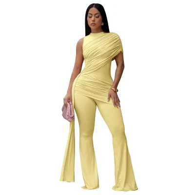 Women Fashion Sexy Summer Solid Color Irregular Round Neck Single Shoulder Pleated Slim Fit Jumpsuits
