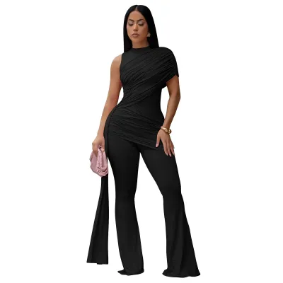Women Fashion Sexy Summer Solid Color Irregular Round Neck Single Shoulder Pleated Slim Fit Jumpsuits