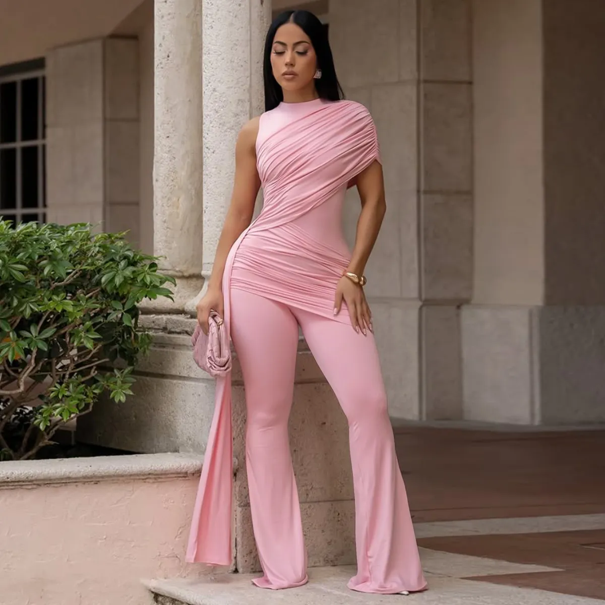 Women Fashion Sexy Summer Solid Color Irregular Round Neck Single Shoulder Pleated Slim Fit Jumpsuits