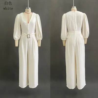 Women Fashion Casual Elegant Solid Color Deep V-Neck Puff Sleeve Loose Jumpsuits
